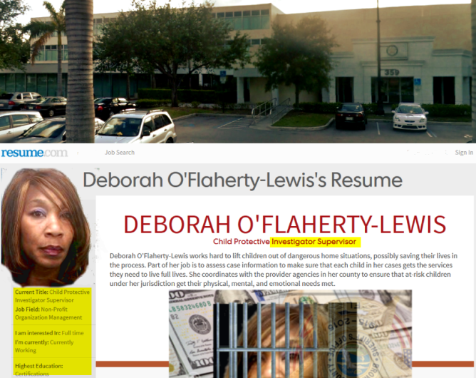 Debbie O'Flaherty Wilson worked at this office complex in Plantation Florida, at 359 State Road 7, for the Broward County Sheriff's Office Child Protective Investigations. O'Flaherty-Wilson did not seem to think her extortion activity would land her in prison however. O'Flaherty has been very busy online for the past several months. On resume.com she posted her employment and skills information. O'Flaherty left out her skills as an extortionist however. 2015 Naples Ninja News. All rights reserved. 